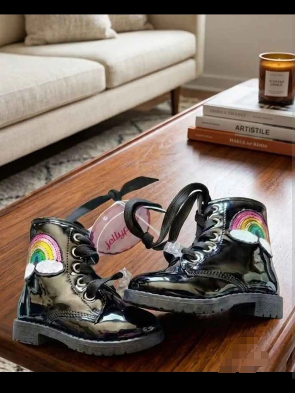 Black Patent Rainbow Patch Combat Boots
